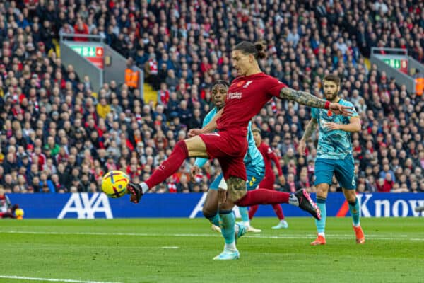 LIVERPOOL, ENGLAND - Saturday, November 12, 2022: Liverpool's Darwin Nunez scores during the FA Premier League match between Liverpool FC and Southampton FC at Anfield. (Pic by David Rawcliffe/Propaganda)