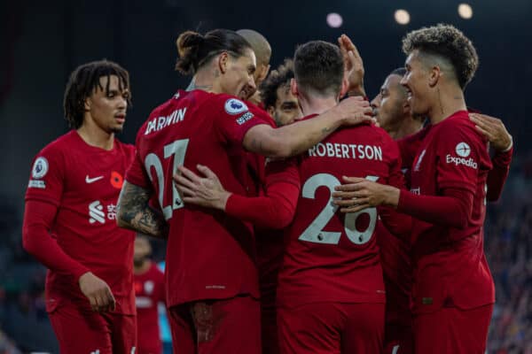 LIVERPOOL, ENGLAND - Saturday, November 12, 2022: Liverpool's Darwin Núñez (#27 L) celebrates after scoring his side's third goal, his second of the game, during the FA Premier League match between Liverpool FC and Southampton FC at Anfield. (Pic by David Rawcliffe/Propaganda)