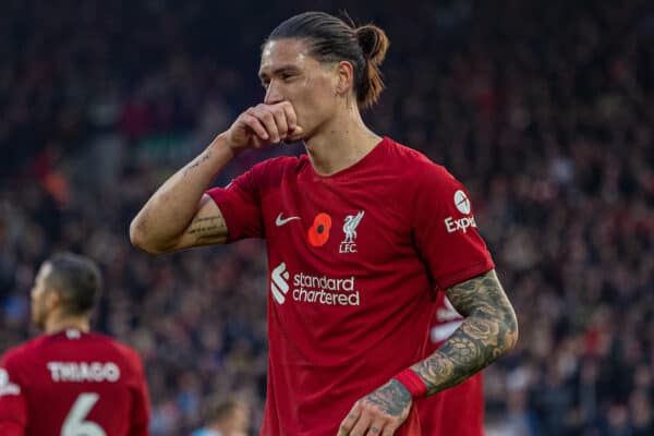 LIVERPOOL, ENGLAND - Saturday, November 12, 2022: Liverpool's Darwin Núñez celebrates after scoring his side's third goal, his second of the game, during the FA Premier League match between Liverpool FC and Southampton FC at Anfield. (Pic by David Rawcliffe/Propaganda)