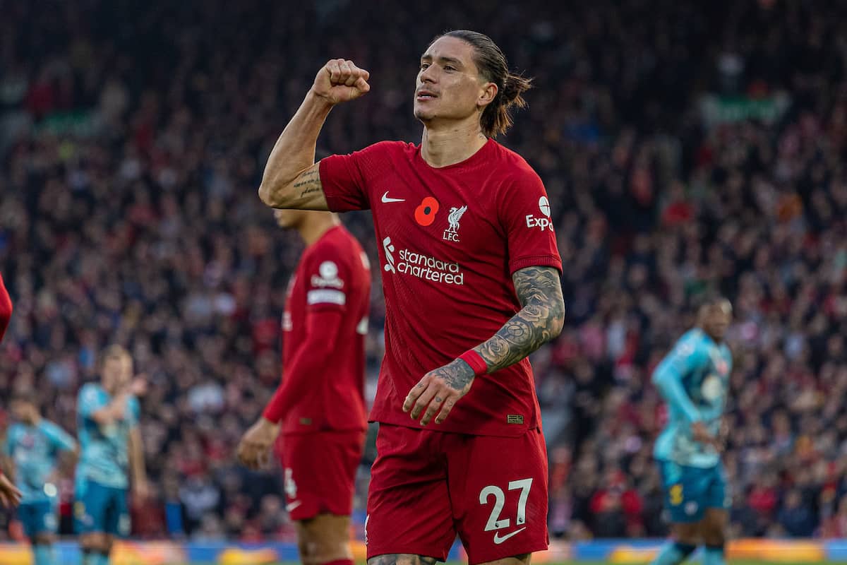 LIVERPOOL, ENGLAND - Saturday, November 12, 2022: Liverpool's Darwin Núñez celebrates after scoring his side's third goal, his second of the game, during the FA Premier League match between Liverpool FC and Southampton FC at Anfield. (Pic by David Rawcliffe/Propaganda)