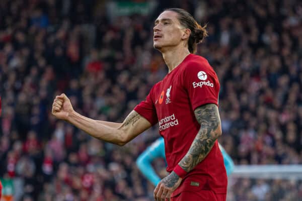 LIVERPOOL, ENGLAND - Saturday, November 12, 2022: Liverpool's Darwin Núñez celebrates after scoring his side's third goal, his second of the game, during the FA Premier League match between Liverpool FC and Southampton FC at Anfield. (Pic by David Rawcliffe/Propaganda)