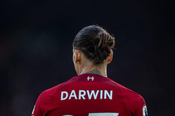 LIVERPOOL, ENGLAND - Saturday, November 12, 2022: Liverpool's Darwin Núñez during the FA Premier League match between Liverpool FC and Southampton FC at Anfield. (Pic by David Rawcliffe/Propaganda)