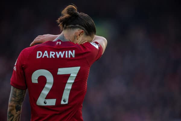 LIVERPOOL, ENGLAND - Saturday, November 12, 2022: Liverpool's Darwin Núñez during the FA Premier League match between Liverpool FC and Southampton FC at Anfield. (Pic by David Rawcliffe/Propaganda)