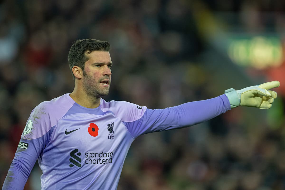 LIVERPOOL, ENGLAND - Saturday, November 12, 2022: Liverpool's goalkeeper Alisson Becker, without his beard, during the FA Premier League match between Liverpool FC and Southampton FC at Anfield. (Pic by David Rawcliffe/Propaganda)