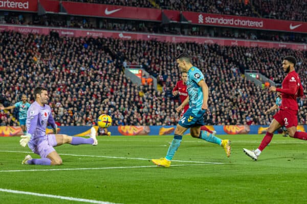 LIVERPOOL, ENGLAND - Saturday, November 12, 2022: Liverpool's goalkeeper Alisson Becker makes a save from Southampton's Mohamed Elyounoussi during the FA Premier League match between Liverpool FC and Southampton FC at Anfield. (Pic by David Rawcliffe/Propaganda)