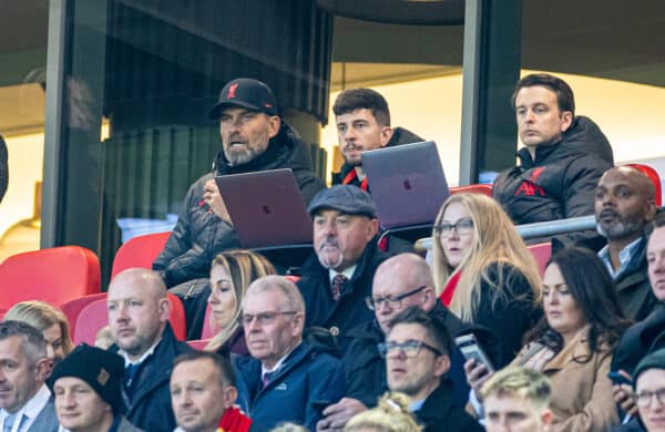 LIVERPOOL, ENGLAND - Saturday, November 12, 2022: Liverpool's manager Jürgen Klopp watches from the stands after being banned from the touchline during the FA Premier League match between Liverpool FC and Southampton FC at Anfield. (Pic by David Rawcliffe/Propaganda)