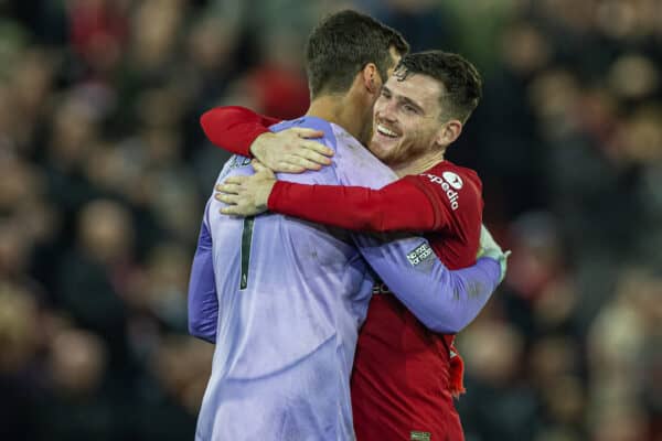 LIVERPOOL, ENGLAND - Saturday, November 12, 2022: Liverpool's goalkeeper Alisson Becker (L) embraces Andy Robertson after the FA Premier League match between Liverpool FC and Southampton FC at Anfield. Liverpool won 3-1. (Pic by David Rawcliffe/Propaganda)