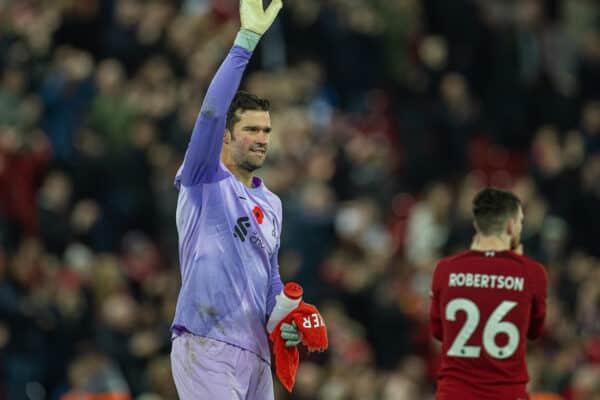 LIVERPOOL, ENGLAND - Saturday, November 12, 2022: Liverpool's goalkeeper Alisson Becker waves to supporters after the FA Premier League match between Liverpool FC and Southampton FC at Anfield. Liverpool won 3-1. (Pic by David Rawcliffe/Propaganda)