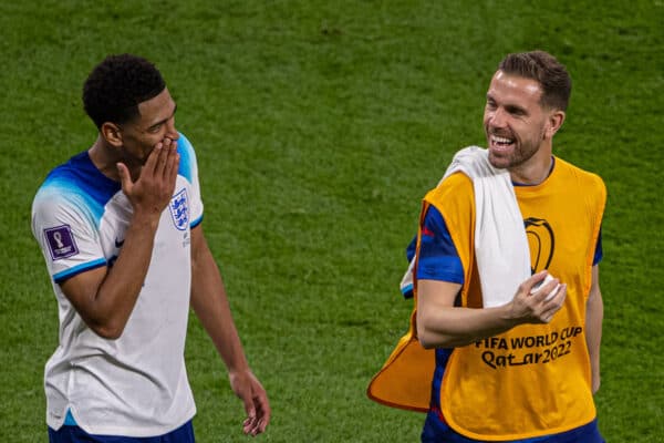 DOHA, QATAR - Monday, November 21, 2022: England's Jordan Henderson (R) and Jude Bellingham (L) after the FIFA World Cup Qatar 2022 Group B match between Iran and England at the Khalifa International Stadium. (Pic by David Rawcliffe/Propaganda)