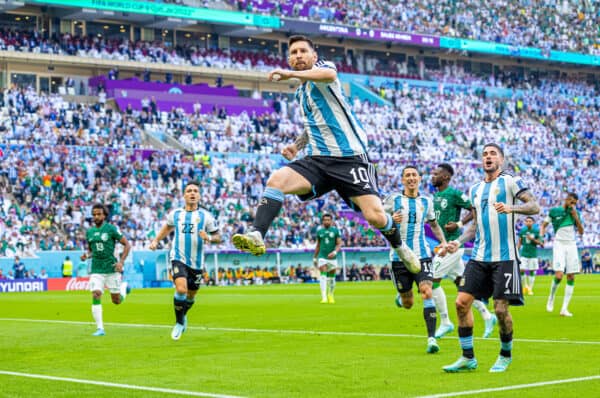 DOHA, QATAR - Tuesday, November 22, 2022: Argentina's captain Lionel Messi celebrates after scoring the first goal from a penalty kick during the FIFA World Cup Qatar 2022 Group C match between Argentina and Saudi Arabia at the Lusail Stadium. (Pic by David Rawcliffe/Propaganda)