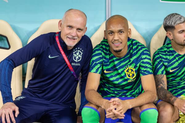 DOHA, QATAR - Thursday, November 24, 2022: Liverpool's Brazil's Fábio Henrique Tavares 'Fabinho' (R) and goalkeeper coach Claudio Tafferal (L) during the FIFA World Cup Qatar 2022 Group G match between Brazil and Serbia at the Lusail Stadium. (Pic by David Rawcliffe/Propaganda)