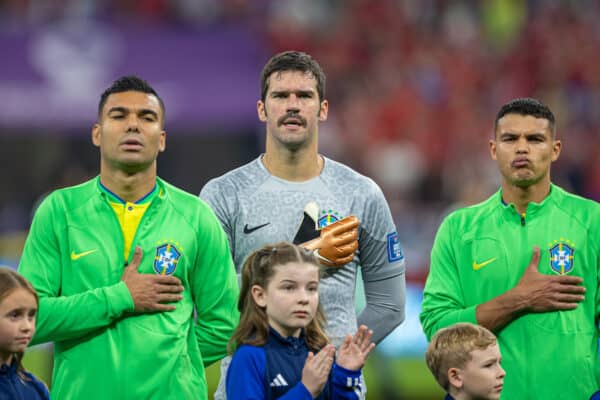 DOHA, QATAR - Thursday, November 24, 2022: Brazil's goalkeeper Alisson Becker (C) during the FIFA World Cup Qatar 2022 Group G match between Brazil and Serbia at the Lusail Stadium. (Pic by David Rawcliffe/Propaganda)