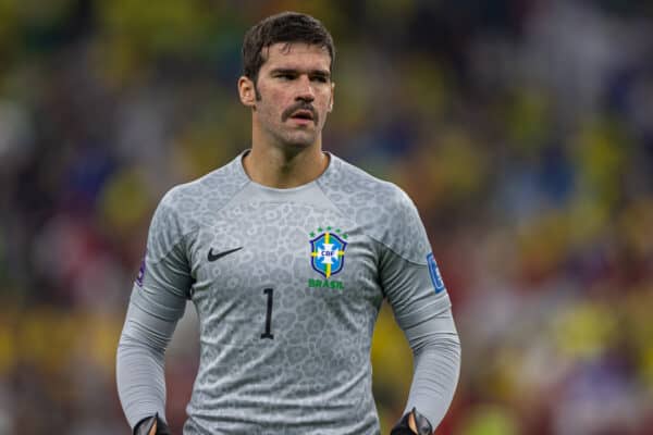 DOHA, QATAR - Thursday, November 24, 2022: Brazil's goalkeeper Alisson Becker during the FIFA World Cup Qatar 2022 Group G match between Brazil and Serbia at the Lusail Stadium. (Pic by David Rawcliffe/Propaganda)