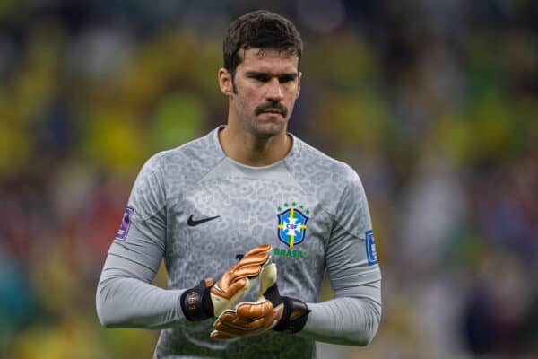 DOHA, QATAR - Thursday, November 24, 2022: Brazil's goalkeeper Alisson Becker during the FIFA World Cup Qatar 2022 Group G match between Brazil and Serbia at the Lusail Stadium. (Pic by David Rawcliffe/Propaganda)