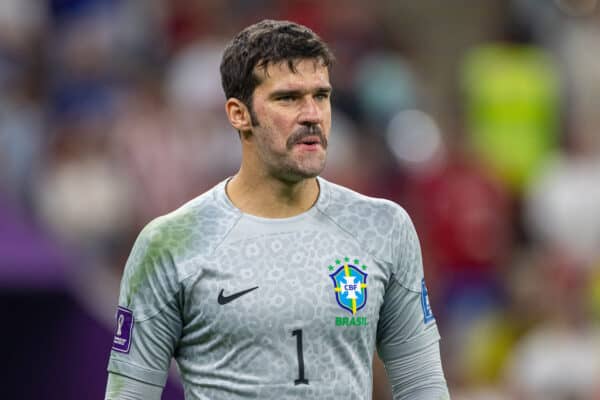 DOHA, QATAR - Thursday, November 24, 2022: Brazil's goalkeeper Alisson Becker during the FIFA World Cup Qatar 2022 Group G match between Brazil and Serbia at the Lusail Stadium. (Pic by David Rawcliffe/Propaganda)