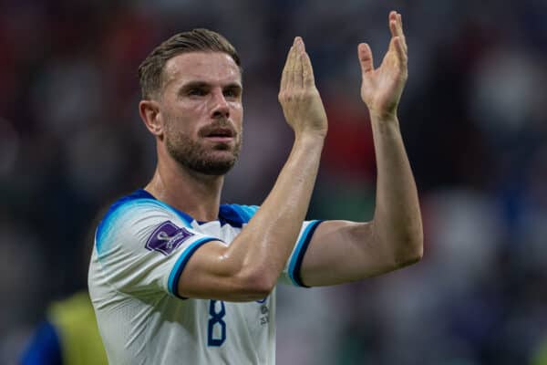 DOHA, QATAR - Friday, November 25, 2022: England's Jordan Henderson applauds the supporters after the FIFA World Cup Qatar 2022 Group B match between England and USA at the Al Bayt Stadium. The game ended in a goal-less draw. (Pic by David Rawcliffe/Propaganda)