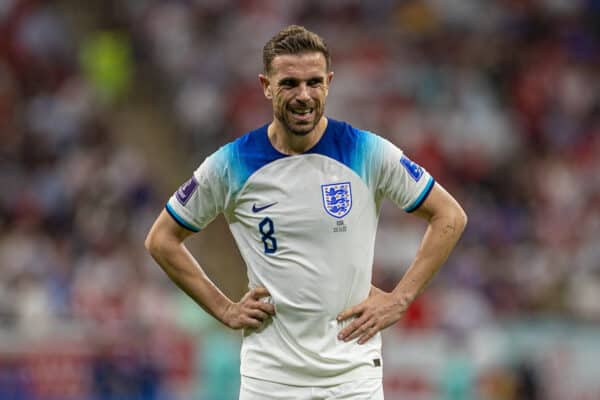 DOHA, QATAR - Friday, November 25, 2022: England's Jordan Henderson during the FIFA World Cup Qatar 2022 Group B match between England and USA at the Al Bayt Stadium. (Pic by David Rawcliffe/Propaganda)