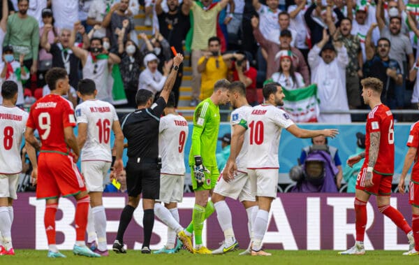 DOHA, QATAR - Friday, November 25, 2022: Wales' goalkeeper Wayne Hennessy is shown a red card and sent off during the FIFA World Cup Qatar 2022 Group B match between Wales and Iran at the Ahmad Bin Ali Stadium. (Pic by David Rawcliffe/Propaganda)