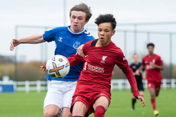 LIVERPOOL, ENGLAND - Saturday, November 26, 2022: Liverpool's Trent Kone-Doherty (R) is challenged by Everton's Daniel Maher during the Under-18 Premier League match between Everton FC Under-18's and Liverpool FC Under-18's, the "mini-mini-Merseyide Derby", at Finch Farm. (Pic by Jessica Hornby/Propaganda)