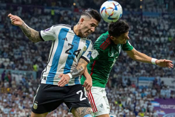 DOHA, QATAR - Saturday, November 26, 2022: Argentina's Enzo Fernández (L) heads the ball clear during the FIFA World Cup Qatar 2022 Group C match between Argentina and Mexico at the Lusail Stadium. (Pic by David Rawcliffe/Propaganda)