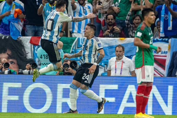 DOHA, QATAR - Saturday, November 26, 2022: Argentina's captain Lionel Messi (L) celebrates with goal-scorer Enzo Fernández after the second goal during the FIFA World Cup Qatar 2022 Group C match between Argentina and Mexico at the Lusail Stadium. (Pic by David Rawcliffe/Propaganda)