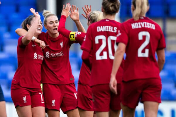 LIVERPOOL, ENGLAND - Sunday, November 27, 2022: Liverpool's Rhiannon Roberts (C) celebrates as Jasmine Matthews opens the score during the FA Women's League Cup Group B match between Liverpool FC Women and Blackburn Rovers Ladies FC, at Prenton Park. (Pic by Jessica Hornby/Propaganda)