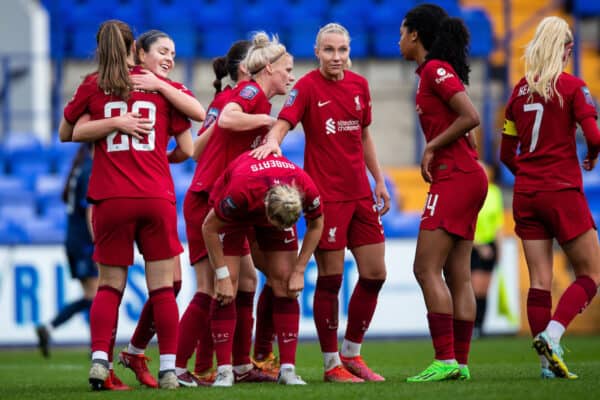 LIVERPOOL, ENGLAND - Sunday, November 27, 2022: Liverpool's Jasmine Matthews (Centre L) celebrates scoring the first goal with team-mates during the FA Women's League Cup Group B match between Liverpool FC Women and Blackburn Rovers Ladies FC, at Prenton Park. (Pic by Jessica Hornby/Propaganda)