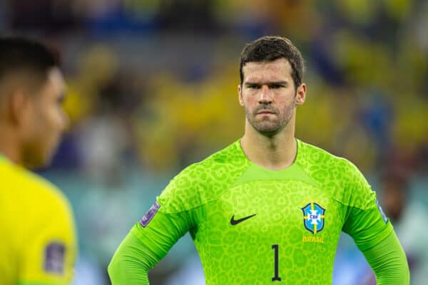 DOHA, QATAR - Monday, November 28, 2022: Brazil's goalkeeper Alisson Becker during the FIFA World Cup Qatar 2022 Group G match between Brazil and Switzerland at the Stadium 974. (Pic by David Rawcliffe/Propaganda)