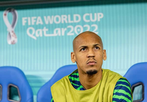 DOHA, QATAR - Monday, November 28, 2022: Brazil and Liverpool midfielder Fábio Henrique Tavares 'Fabinho' on the bench during the FIFA World Cup Qatar 2022 Group G match between Brazil and Switzerland at the Stadium 974. (Pic by David Rawcliffe/Propaganda)