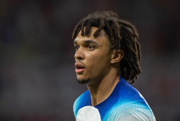 DOHA, QATAR - Tuesday, November 29, 2022: England's Trent Alexander-Arnold during the FIFA World Cup Qatar 2022 Group B match between Wales and England at the Ahmad Bin Ali Stadium. (Pic by David Rawcliffe/Propaganda)