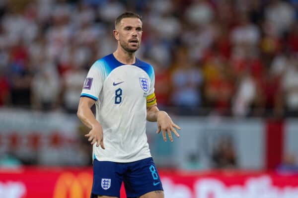 DOHA, QATAR - Tuesday, November 29, 2022: England's Jordan Henderson during the FIFA World Cup Qatar 2022 Group B match between Wales and England at the Ahmad Bin Ali Stadium. (Pic by David Rawcliffe/Propaganda)