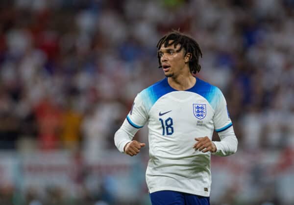 DOHA, QATAR - Tuesday, November 29, 2022: England's Trent Alexander-Arnold during the FIFA World Cup Qatar 2022 Group B match between Wales and England at the Ahmad Bin Ali Stadium. (Pic by David Rawcliffe/Propaganda)