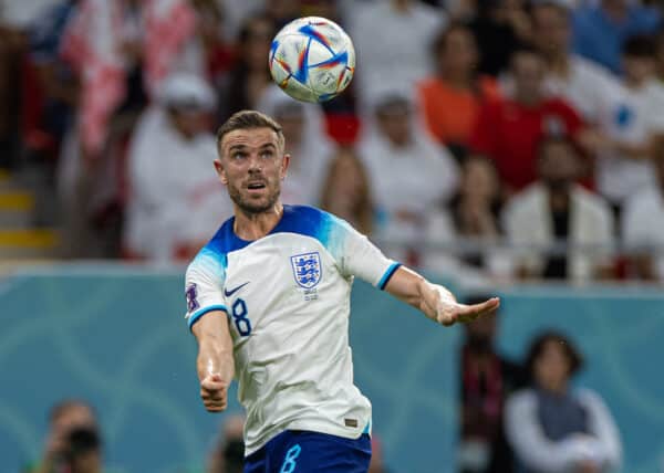 DOHA, QATAR - Tuesday, November 29, 2022: England's Jordan Henderson during the FIFA World Cup Qatar 2022 Group B match between Wales and England at the Ahmad Bin Ali Stadium. (Pic by David Rawcliffe/Propaganda)