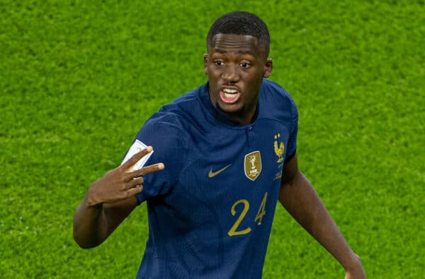 DOHA, KATAR – Mittwoch, 30. November 2022: Der Franzose Ibrahima Konaté während des Spiels der Gruppe D der FIFA-Weltmeisterschaft Katar 2022 zwischen Tunesien und Frankreich im Education City Stadium. (Bild von David Rawcliffe/Propaganda)