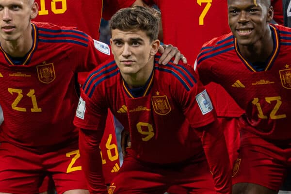 DOHA, QATAR - Thursday, December 1, 2022: Spain players line-up for a team group photograph before the FIFA World Cup Qatar 2022 Group E match between Japan and Spain at the Khalifa International Stadium. Back row L-R: Sergio Busquets, Pau Torres, Rodrigo Hernández Cascante, Álvaro Morata, goalkeeper Unai Simón. Front row L-R: César Azpilicueta, Pedro González López 'Pedri', Dani Olmo, Pablo Martín Páez Gavira 'Gavi', Nico Williams, Alejandro Balde. (Pic by David Rawcliffe/Propaganda)