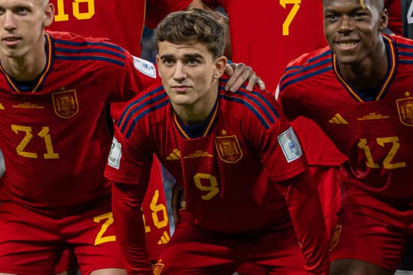 DOHA, QATAR - Jueves 1 de diciembre de 2022: Los jugadores de España se alinean para una foto grupal del equipo antes del partido del Grupo E de la Copa Mundial de la FIFA Qatar 2022 entre Japón y España en el Estadio Internacional Khalifa.  Fila de atrás de izquierda a derecha: Sergio Busquets, Pau Torres, Rodrigo Hernandez Cascante, Alvaro Morata, portero Unai Simon.  Primera fila de izquierda a derecha: César Azpilicueta, Pedro González-López 