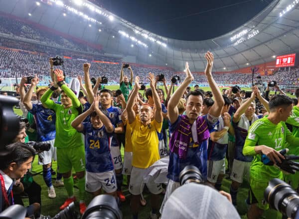 DOHA, QATAR - Thursday, December 1, 2022: Japan's players celebrate winning the group during the FIFA World Cup Qatar 2022 Group E match between Japan and Spain at the Khalifa International Stadium. (Pic by David Rawcliffe/Propaganda)