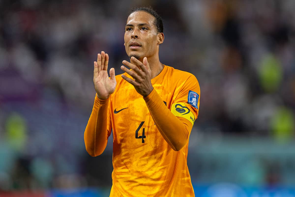 DOHA, QATAR - Saturday, December 3, 2022: Netherlands' Virgil van Dijk celebrates after the FIFA World Cup Qatar 2022 Round of 16 match between Netherlands and USA at the Khalifa International Stadium. Netherlands won 3-1. (Pic by David Rawcliffe/Propaganda)