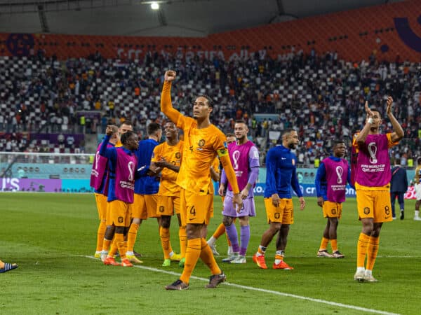 DOHA, QATAR - Saturday, December 3, 2022: Netherlands' Virgil van Dijk celebrates after the FIFA World Cup Qatar 2022 Round of 16 match between Netherlands and USA at the Khalifa International Stadium. Netherlands won 3-1. (Pic by David Rawcliffe/Propaganda)