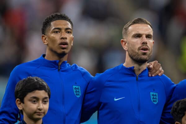 DOHA, QATAR - Sunday, December 4, 2022: England's Jude Bellingham (L) and Jordan Henderson line-up before the FIFA World Cup Qatar 2022 Round of 16 match between England and Senegal at the Al Bayt Stadium. (Pic by David Rawcliffe/Propaganda)