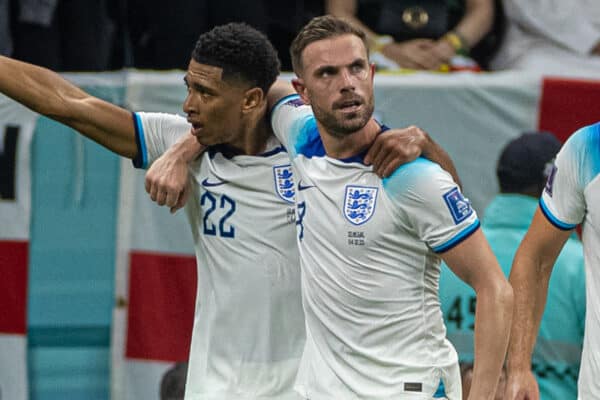 DOHA, QATAR - Sunday, December 4, 2022: England's Jordan Henderson (C) celebrates after scoring the opening goal during the FIFA World Cup Qatar 2022 Round of 16 match between England and Senegal at the Al Bayt Stadium. (Pic by David Rawcliffe/Propaganda)