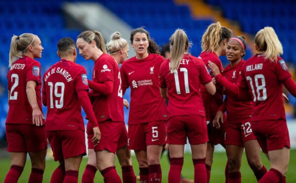 BIRKENHEAD, ENGLAND - Sunday, December 4, 2022: Liverpool's captain Niamh Fahey (C) celebrates Katie Stengel second goal with team-mates during the FA Women’s Super League match between Liverpool FC Women and West Ham United FC Women at Prenton Park. (Pic by Jessica Hornby/Propaganda)