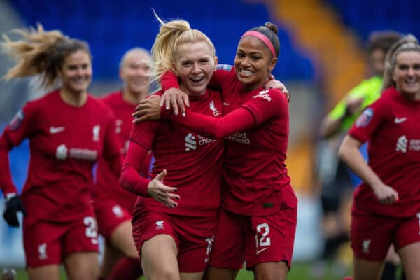 BIRKENHEAD, ENGLAND - Sunday, December 4, 2022: Liverpool's Ceri Holland (L) celebrates scoring the first goal with team-mate Taylor Hinds during the FA Women’s Super League match between Liverpool FC Women and West Ham United FC Women at Prenton Park. (Pic by Jessica Hornby/Propaganda)