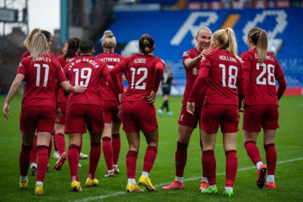 BIRKENHEAD, ENGLAND - Sunday, December 4, 2022: Liverpool's Ceri Holland (2nd R) celebrates scoring the first goal with team-mate Emma Koivisto (C) during the FA Women’s Super League match between Liverpool FC Women and West Ham United FC Women at Prenton Park. (Pic by Jessica Hornby/Propaganda)