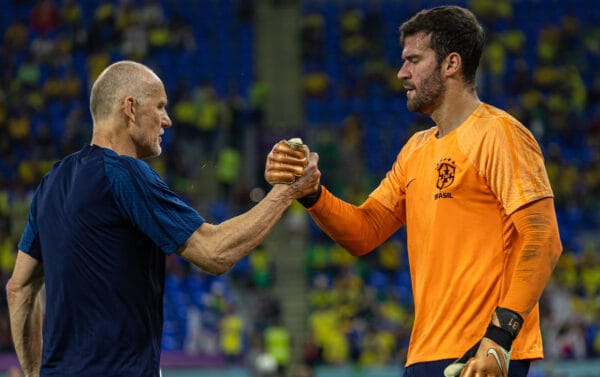 DOHA, QATAR - Monday, December 5, 2022: Brazil's goalkeeper Alisson Becker (R) with goalkeeper coach Claudio Taffarel during the pre-match warm-up before the FIFA World Cup Qatar 2022 Round of 16 match between Brazil and South Korea at the Stadium 974. (Pic by David Rawcliffe/Propaganda)