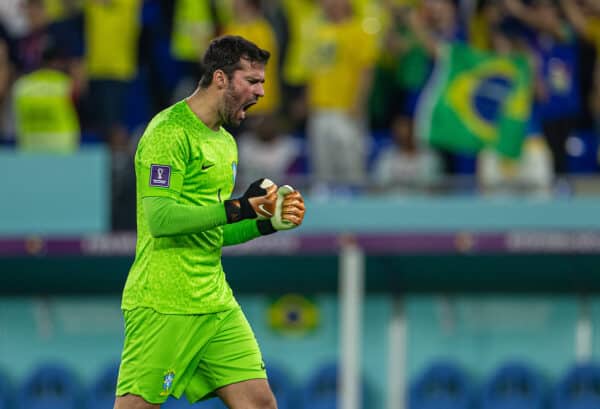 DOHA, QATAR - Monday, December 5, 2022: Brazil's goalkeeper Alisson Becker celebrates his side's second goal during the FIFA World Cup Qatar 2022 Round of 16 match between Brazil and South Korea at the Stadium 974. (Pic by David Rawcliffe/Propaganda)