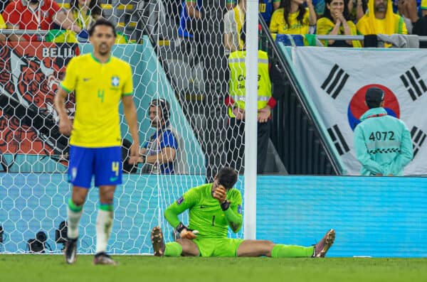 DOHA, QATAR - Monday, December 5, 2022: Brazil's goalkeeper Alisson Becker reacts as South Korea score a consolation goal during the FIFA World Cup Qatar 2022 Round of 16 match between Brazil and South Korea at the Stadium 974. (Pic by David Rawcliffe/Propaganda)