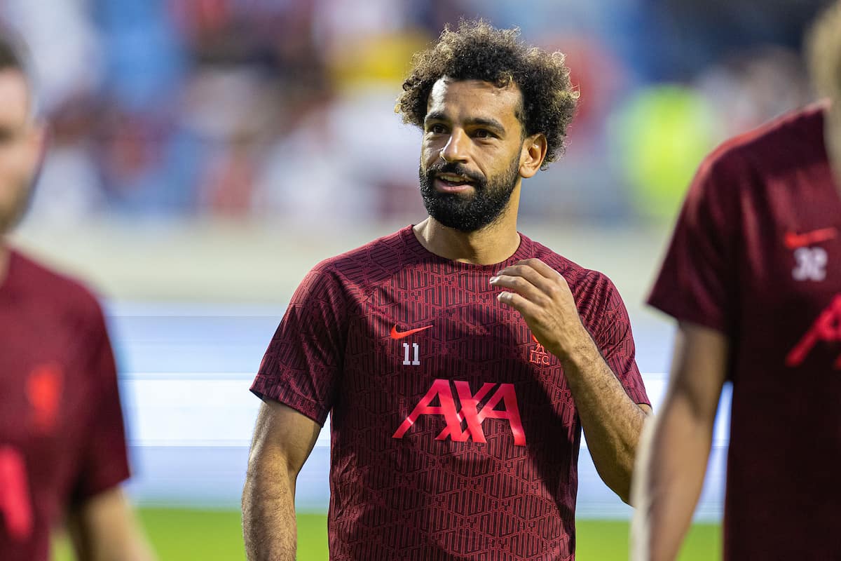 DUBAI, UNITED ARAB EMIRATES - Sunday, December 11, 2022: Liverpool's Mohamed Salah during the pre-match warm-up before the Dubai Super Cup 2022 match between Liverpool FC and Olympique Lyonnais at Al Maktoum Stadium. (Pic by David Rawcliffe/Propaganda)