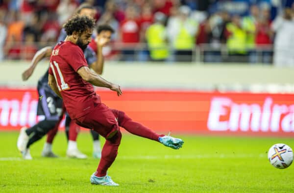 DUBAI, UNITED ARAB EMIRATES - Sunday, December 11, 2022: Liverpool's Mohamed Salah sees his penalty kick saved during the Dubai Super Cup 2022 match between Liverpool FC and Olympique Lyonnais at Al Maktoum Stadium. (Pic by David Rawcliffe/Propaganda)