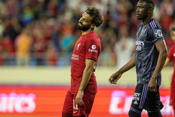 DUBAI, UNITED ARAB EMIRATES - Sunday, December 11, 2022: Liverpool's Mohamed Salah reacts after missing a penalty during the Dubai Super Cup 2022 match between Liverpool FC and Olympique Lyonnais at Al Maktoum Stadium. (Pic by David Rawcliffe/Propaganda)